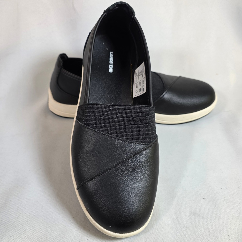 LANDS END Womens 8.5 Black‎ Leather Slip On Sneakers Walking Shoes